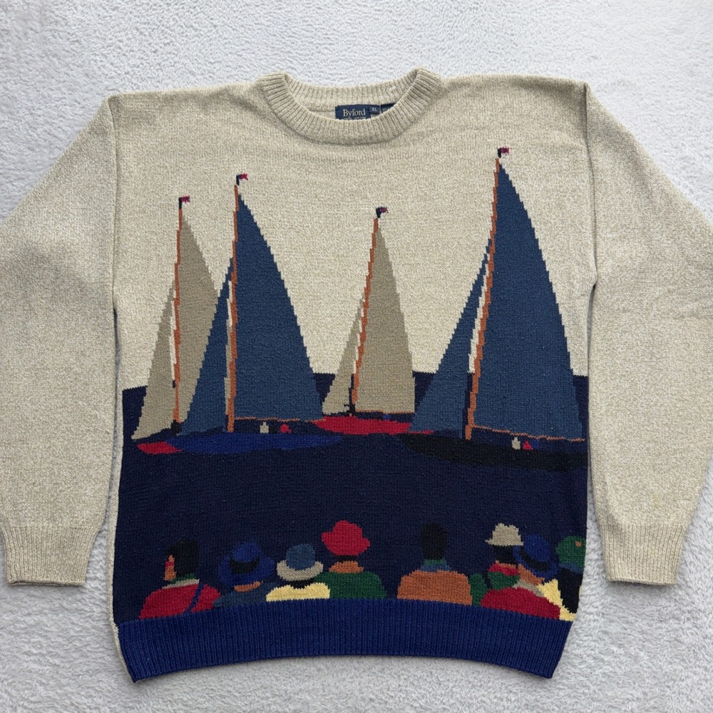 Byford Vintage Mens XL Silk Cotton Nautical Sailboat Intarsia Crewneck Sweater